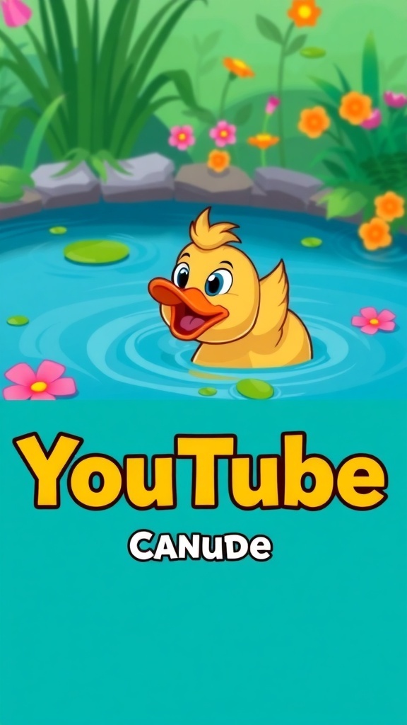 A colorful YouTube banner with a cartoon duck in a pond, surrounded by greenery and flowers, featuring bold text for the channel name.